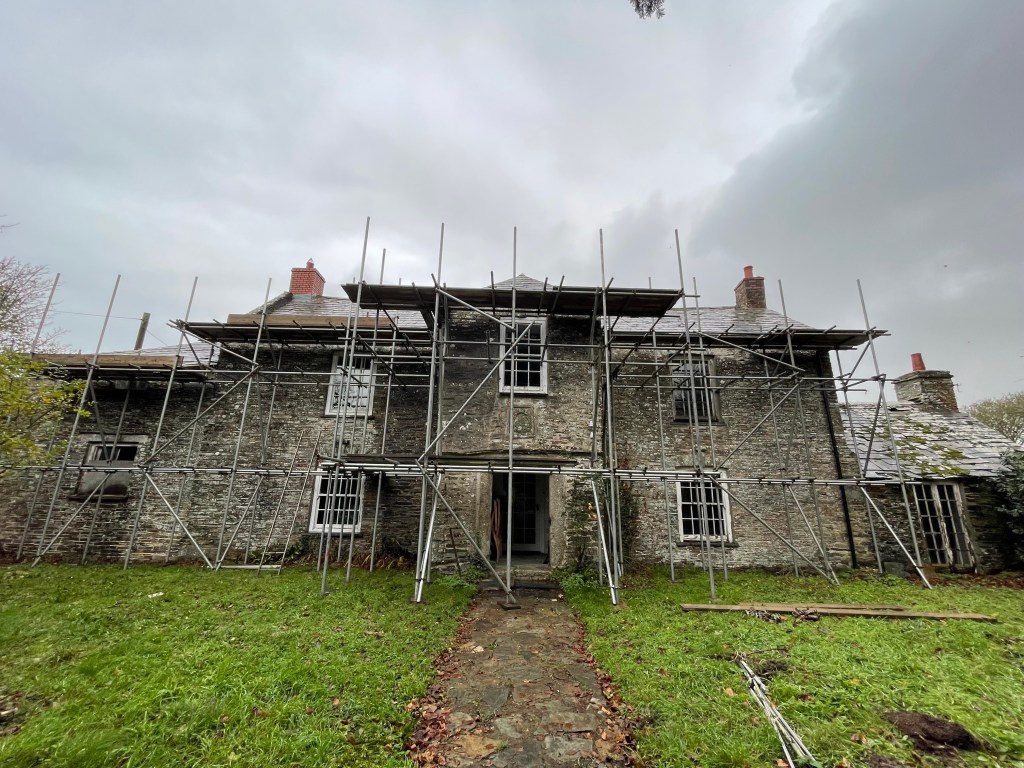The front of Bossiney Court with scaffolding in November 2022.